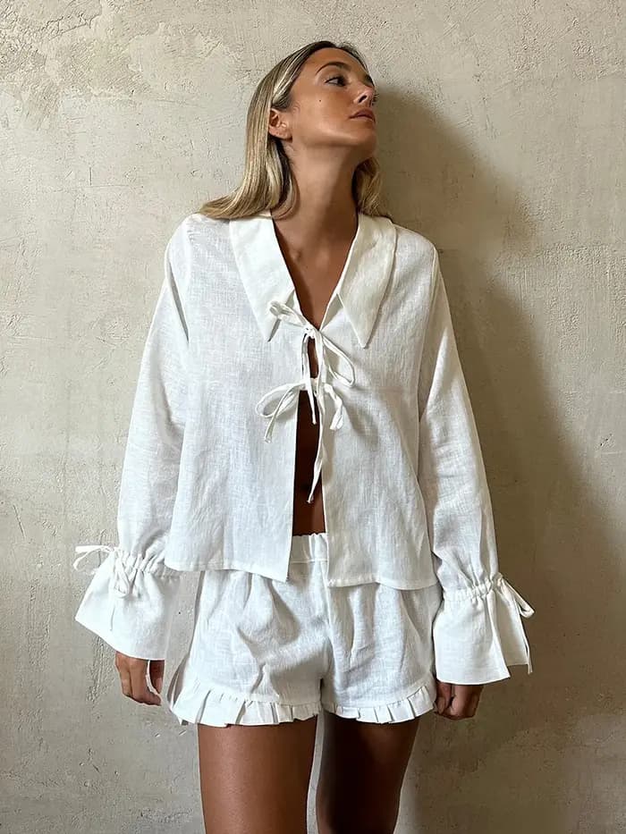 Marthaqiqi-Pyjama à manches longues et col rabattu pour femme, ensemble de vêtements de nuit décontr