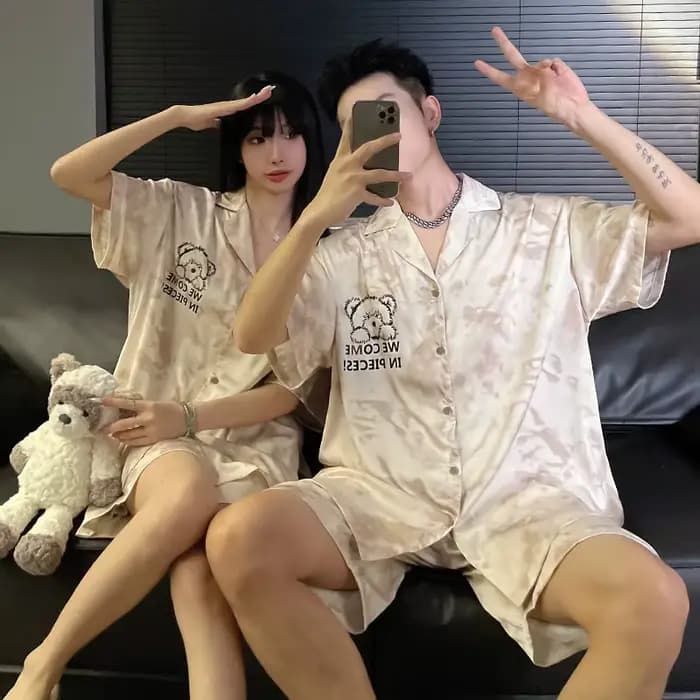Couple pyjamas été glace soie dessin animé étudiant grande taille grande taille 00.00kg mince été hommes et femmes Homewear pijama mujer