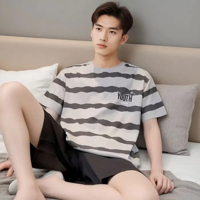 Ensemble de pyjama à manches courtes pour homme avec motif rayé de dessins animés - Vêtements de maison simples et décontractés pour garçons