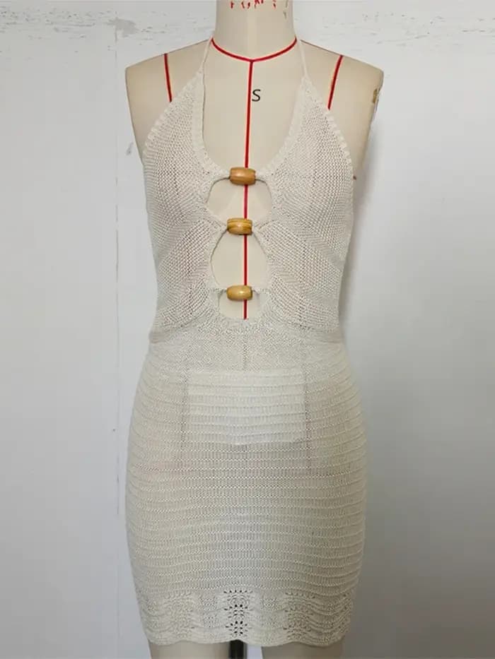 Robe Courte Halter Femme en Tricot Creux au Crochet avec Perles en Bois