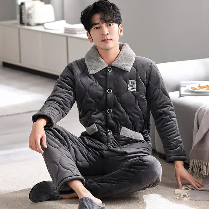 Ensemble pyjama d'hiver pour hommes, épais, 3 couches, vêtements de nuit en coton à Clip, col rabatt