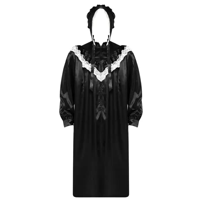 Pyjama victorien pour hommes, ensemble chemise de nuit avec chapeau, à volants et bordure en dentelle, manches longues, fermeture éclair sur le devant, robe de nuit satinée
