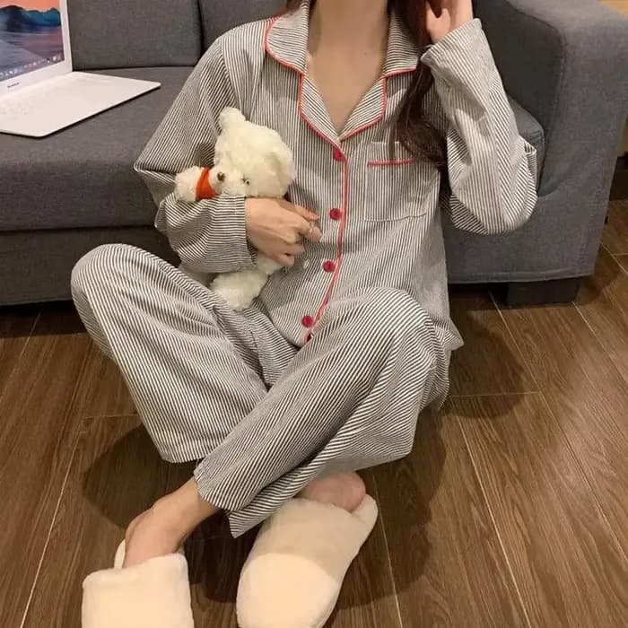 Pyjamas femmes à manches longues pantalon été gris Cardigan rayé vêtements de nuit