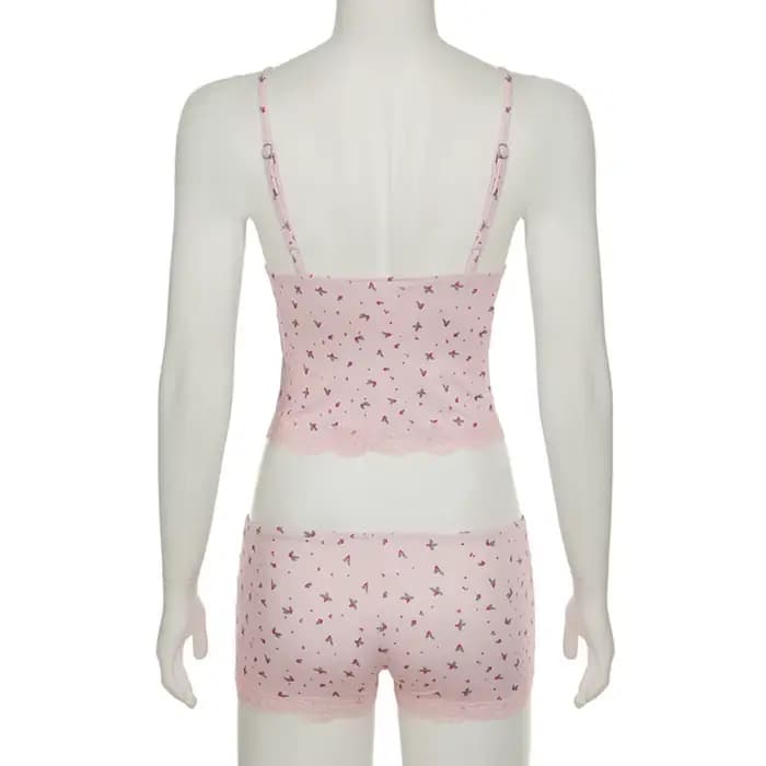 Ensemble de pyjama sexy deux pièces en dentelle florale rose pour femme