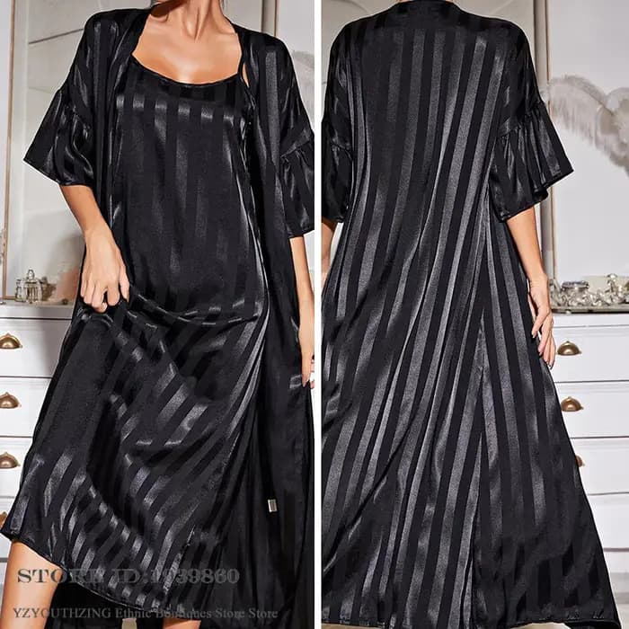 Élégant femme longue Robe chemise de nuit ensemble vêtements de détente rose rayure soie Satin Kimono peignoir