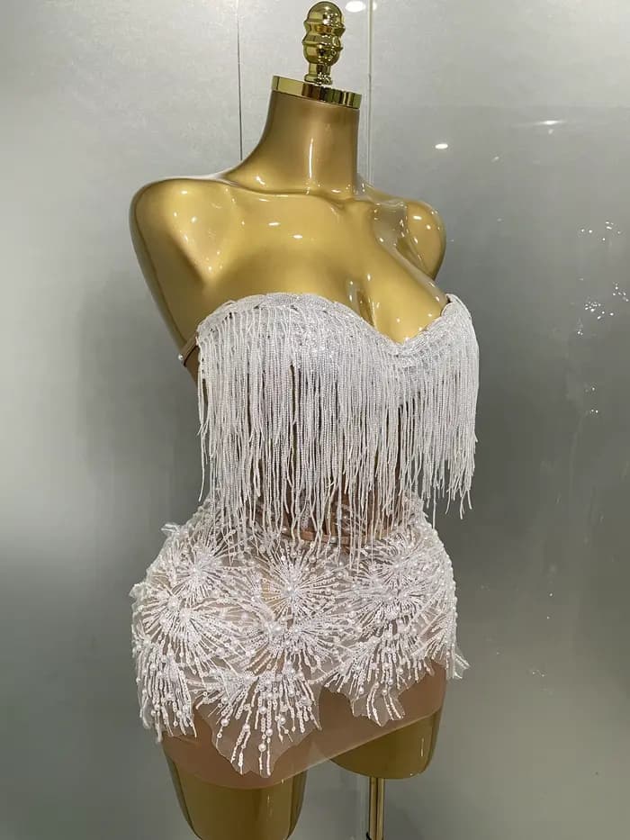 2025 Sexy perle paillettes gland sans manches paillettes Mini robe femmes chanteur Bar discothèque s