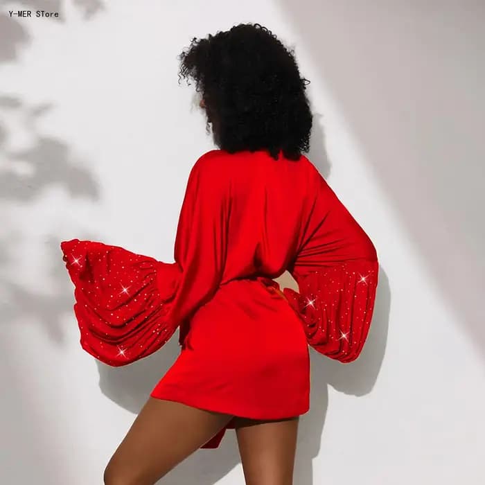 Robe Kimono Courte en Satin Brillant pour Femme