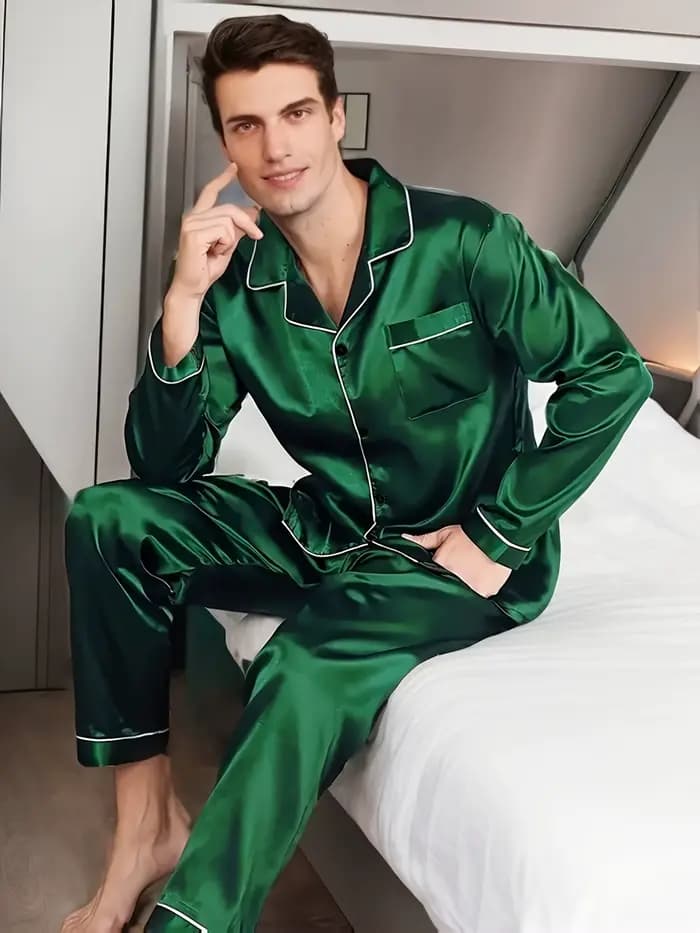 Hommes pyjama ensembles vêtements de nuit en microfibre pour dormir homme chemise soie à manches longues