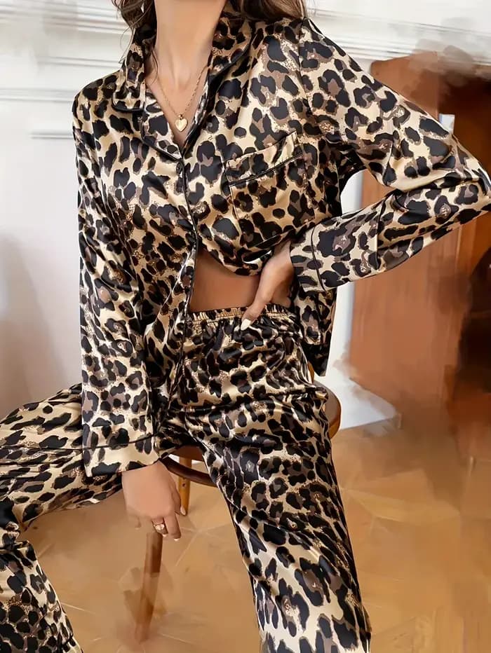 Ensemble pyjama en Satin de soie imprimé léopard pour femmes