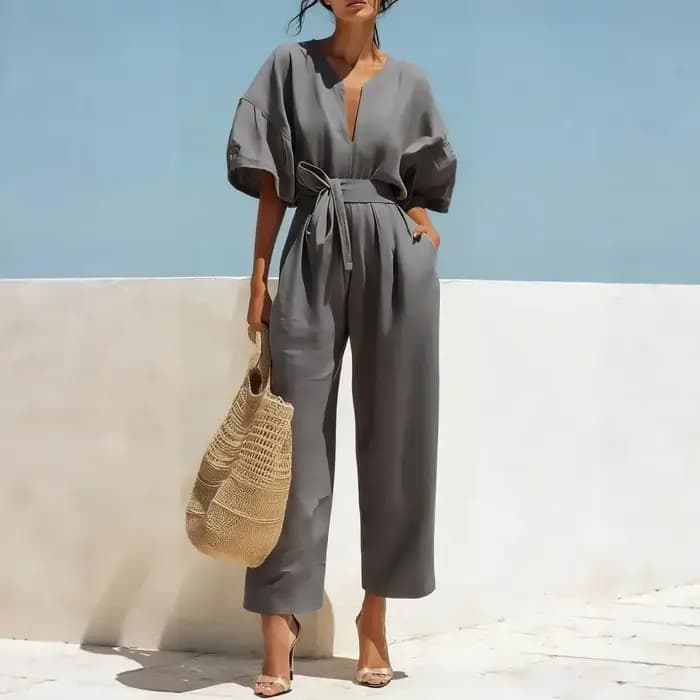 Combinaison confortable en coton et lin pour femme, avec poches, manches courtes cloche, col en V, jambes larges, pour l'été