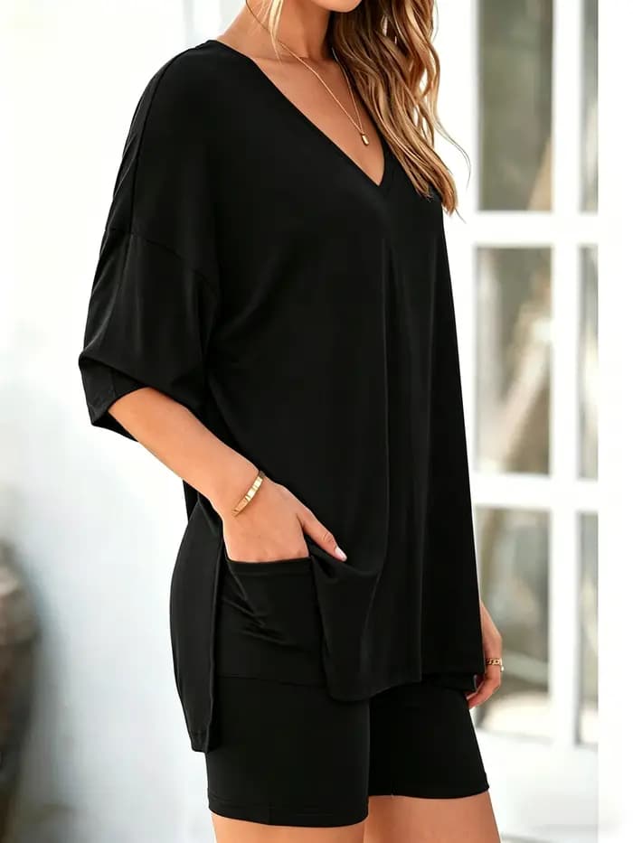 Ensemble loungewear pour femme, haut décontracté à manches courtes + short, pyjama à porter à la mai