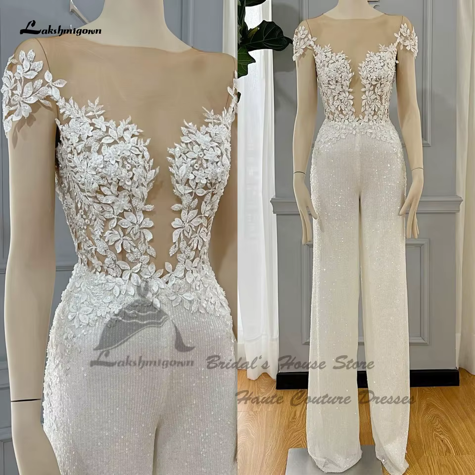 Yanshmigown-Combinaison perlée de luxe, robes de mariée de plage, dentelle, manches courtes, personn