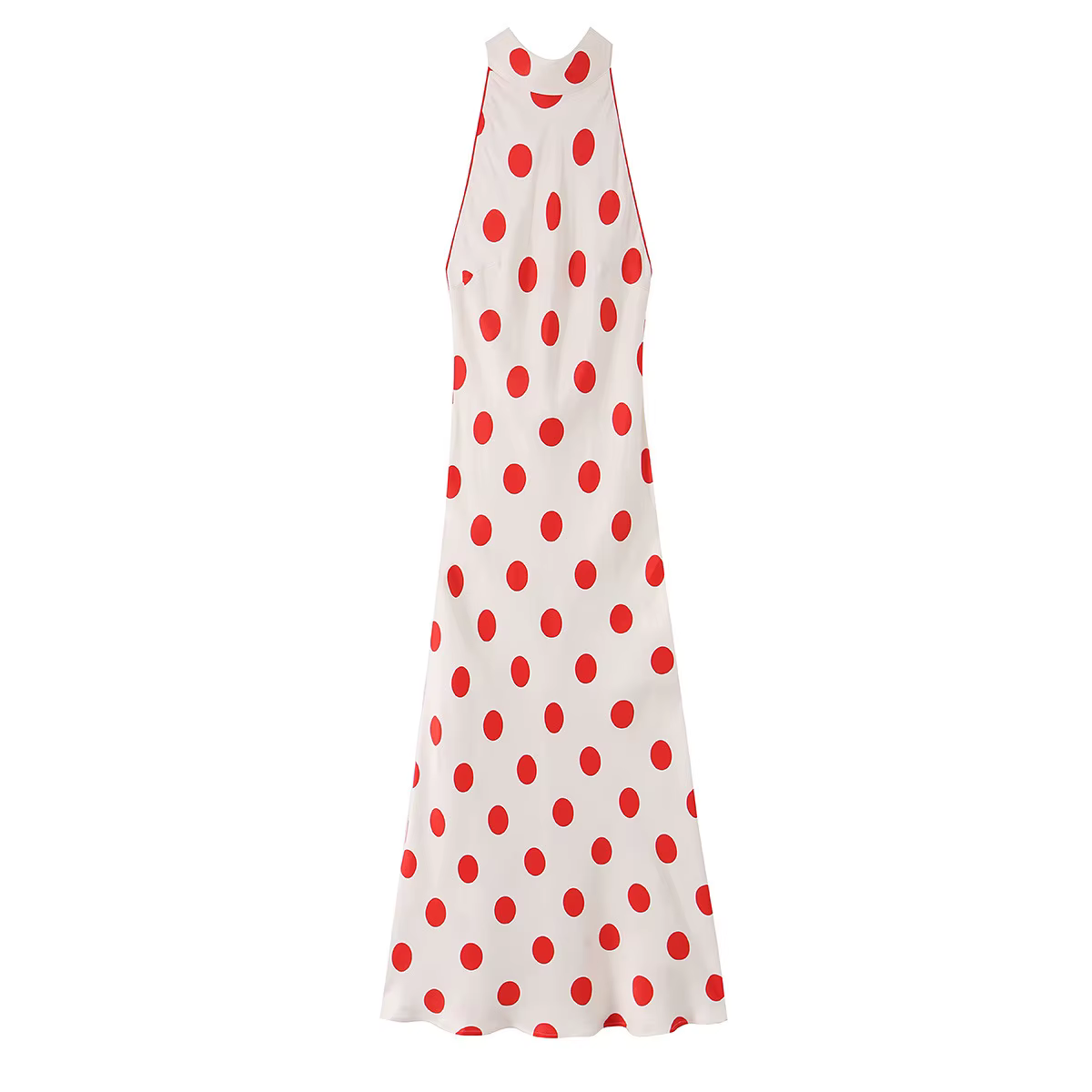 Robe longue à pois pour femme, col halter, sans manches, élégante, rouge à pois, style vintage franç