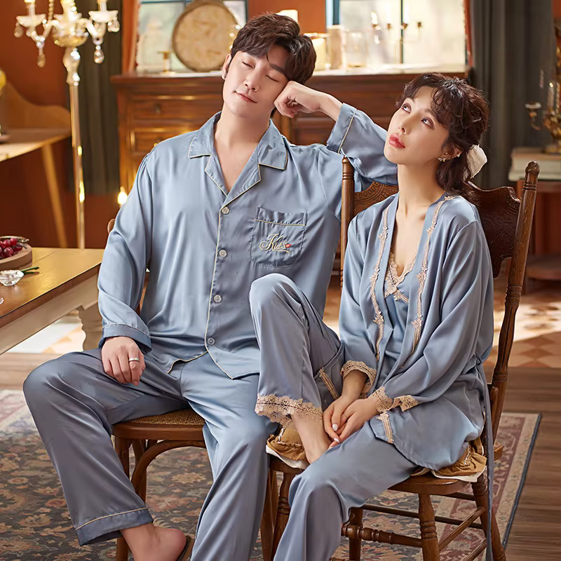 Pyjama d'été à manches longues pour Couple, 2 pièces, pantalon à bretelles, 3 pièces, ensemble en so