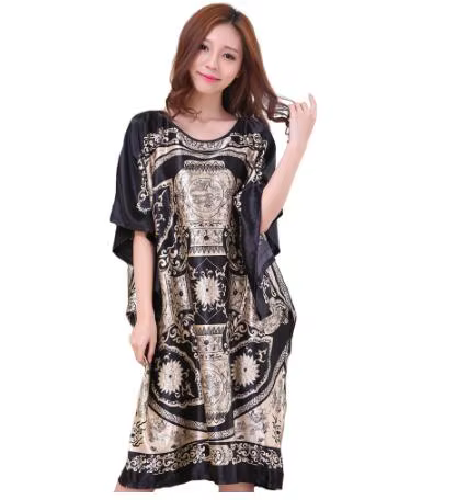 Robe de nuit en satin noir à imprimé fantaisie pour femme, caftan, peignoir, tenue d'intérieur d'été