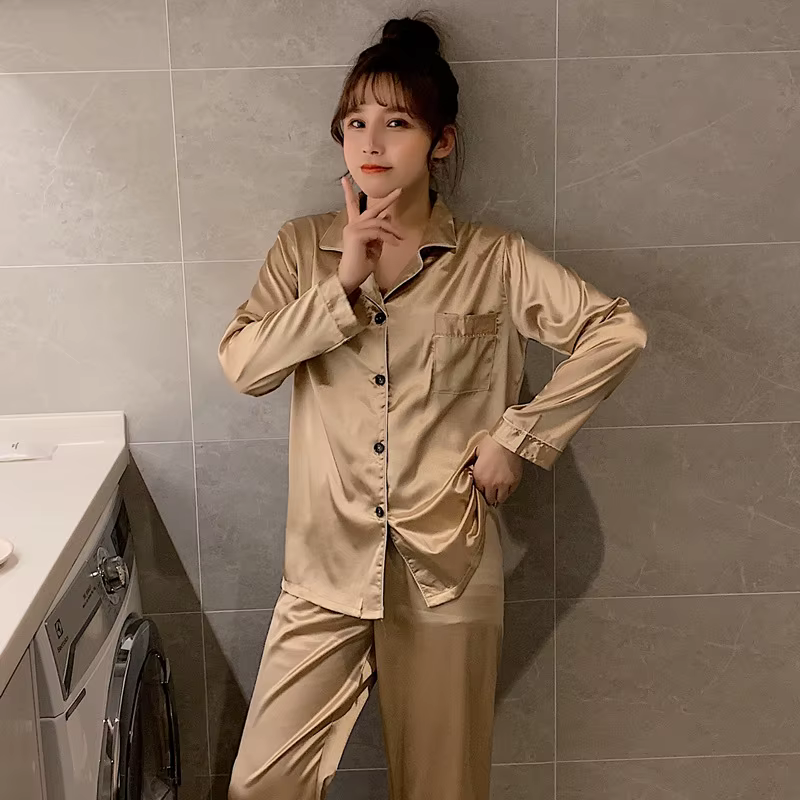 Vêtements de nuit Couple soie Satin couleur unie pyjama ensembles Long boutonné Pijama grande taille