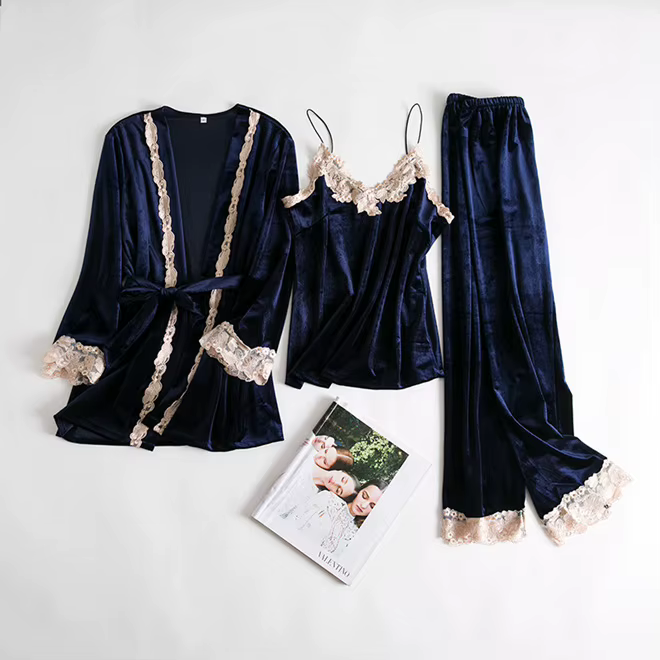 Ensemble pyjama en velours vert pour femme, 4 pièces, chemise et pantalon, vêtements chauds d'automn