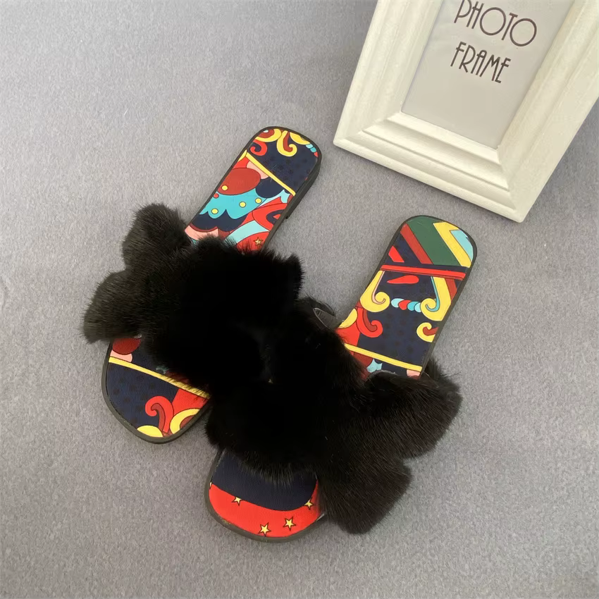 Chaussons moelleux en vraie fourrure de vison pour femme, sandales de luxe de créateur, tongs plates