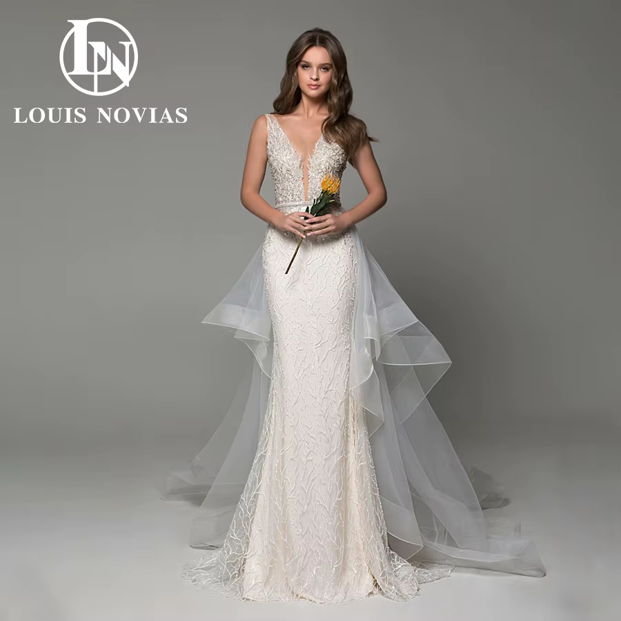 Robe de Mariée Sirène Sexy avec Traîne Amovible, Tenue avec Perles Scintillantes, Col en V, Dos aux,