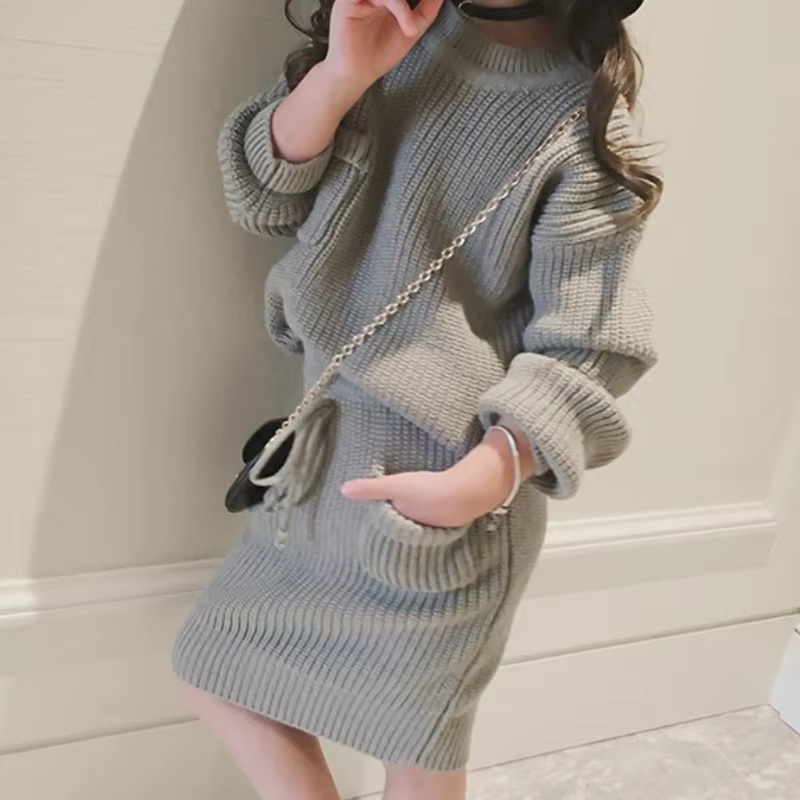 Ensemble de Vêtements Tricotés en Coton pour Bébé Fille, Pull et Jupe, Tenue à Manches sulf, Collect