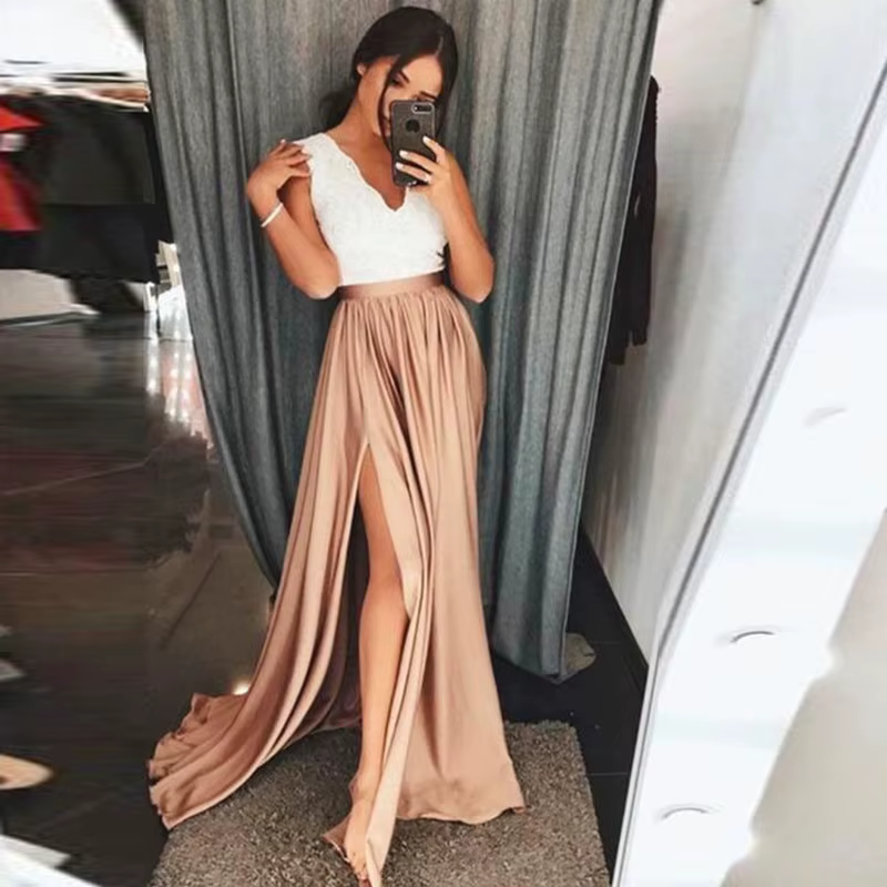 Jupes de soirée taille haute pour femmes, jupe longue orange, fente latérale sexy, satin élastique, 