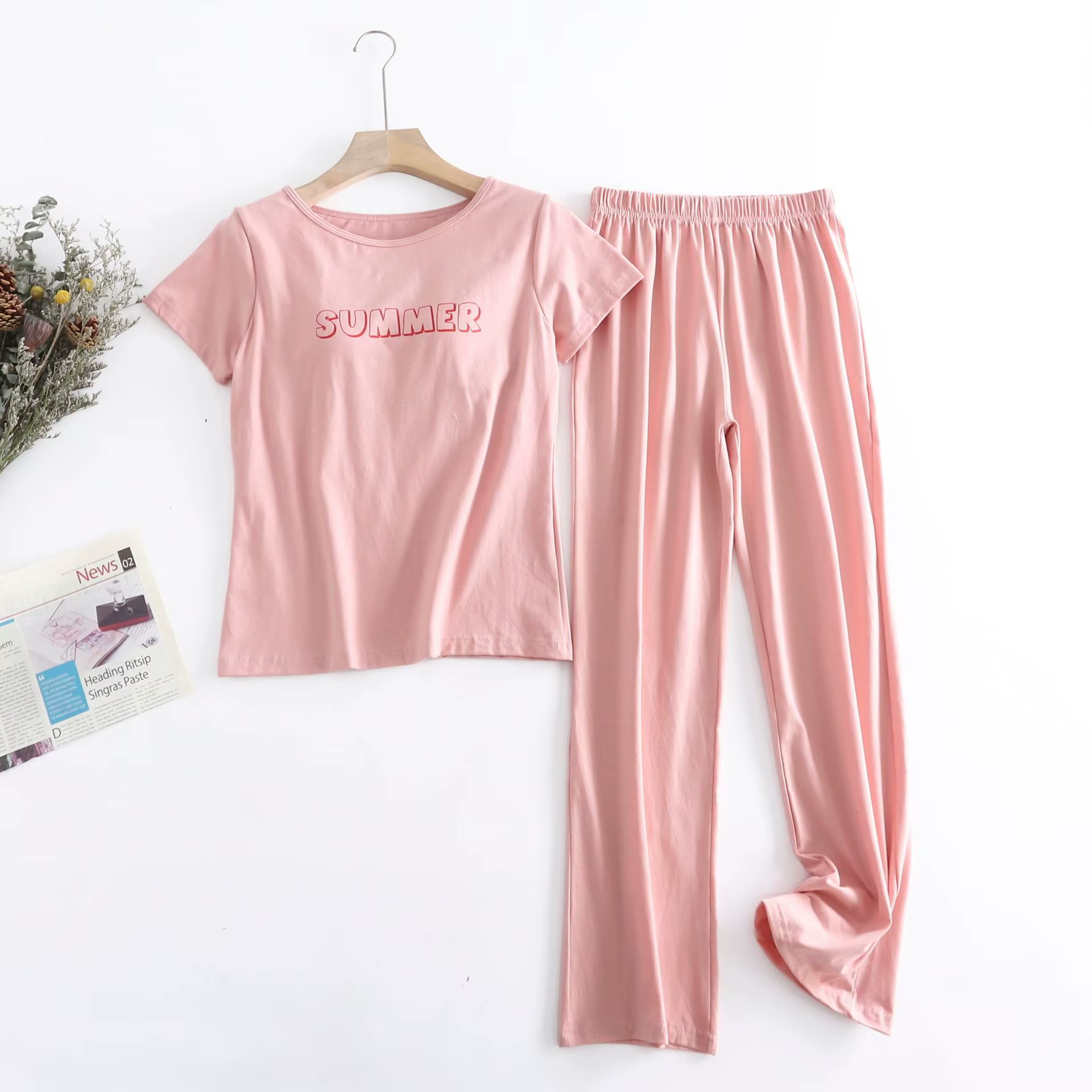 Ensemble de pyjama décontracté pour femme avec soutien-gorge intégré, manches courtes et pantalon, i