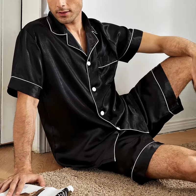 Ensemble pyjama à manches courtes pour hommes, chemise boutonnée avec poche, short, vêtements de dét