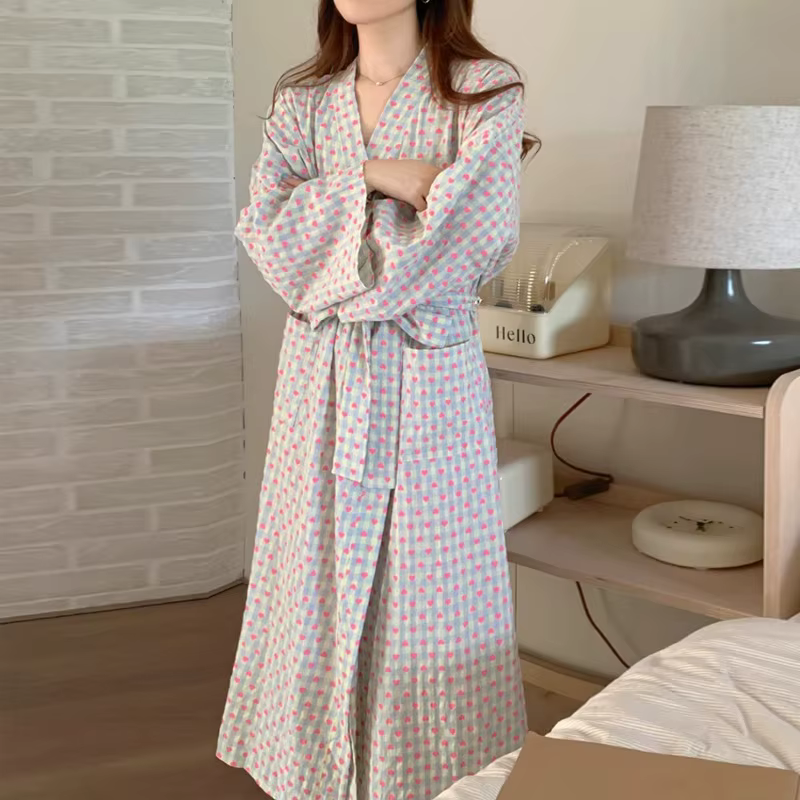 Peignoir de bain pour femme, style kimono long, ample, à carreaux, à manches longues, col en V, avec