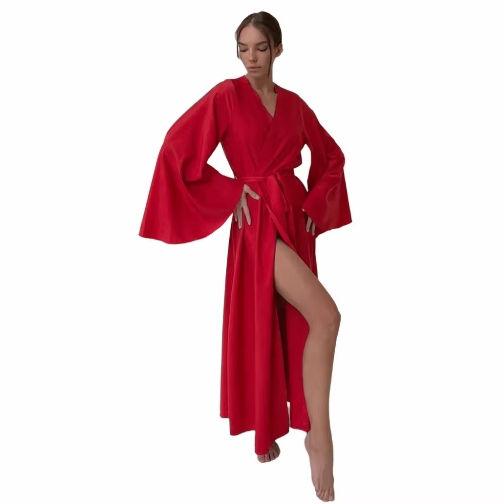 Robe de chambre en satin couleur unie style sexy, manches longues, taille haute, avec lacets, pyjama