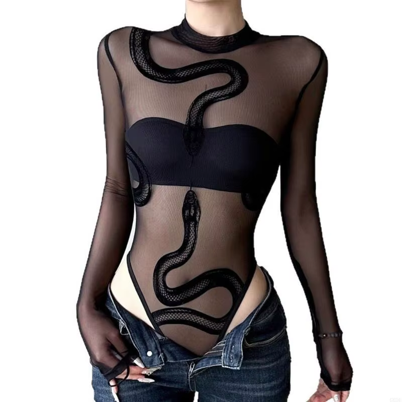 Body en maille à manches longues pour femmes, col rond, justaucorps transparent, haut serpent avec e