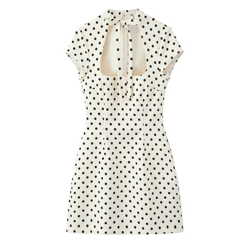 Robe Courte Élégante à Pois pour Femme, Coupe Slim, Col Carré, Manches Courtes, Robes Féminines Prin