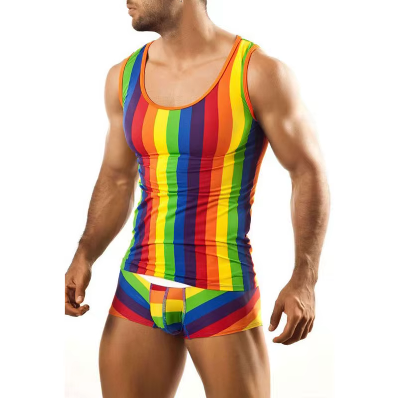 Ensemble pyjama pour hommes, imprimé à rayures arc-en-ciel, débardeur sans manches, été, quotidien, 