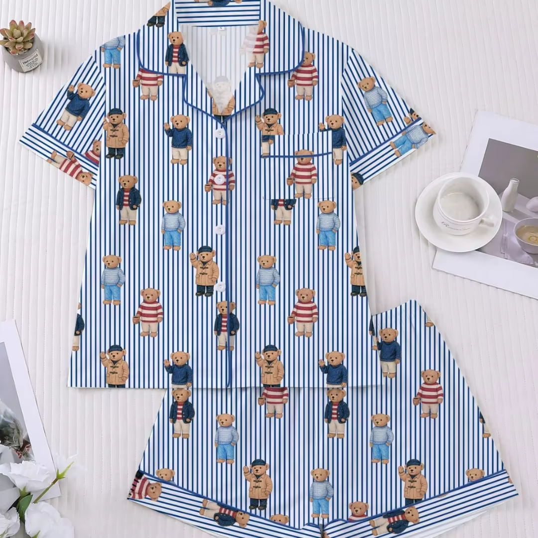 Pyjama femme avec ours à pois rayures imprimé bleu revers manches courtes pantalon court pantalon vê