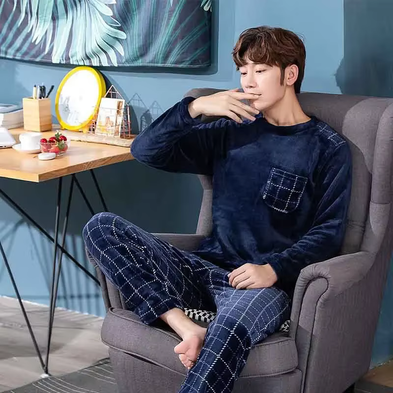 2 pièces/ensemble épaissi chaud automne et hiver flanelle hommes pyjamas à manches longues adolescen