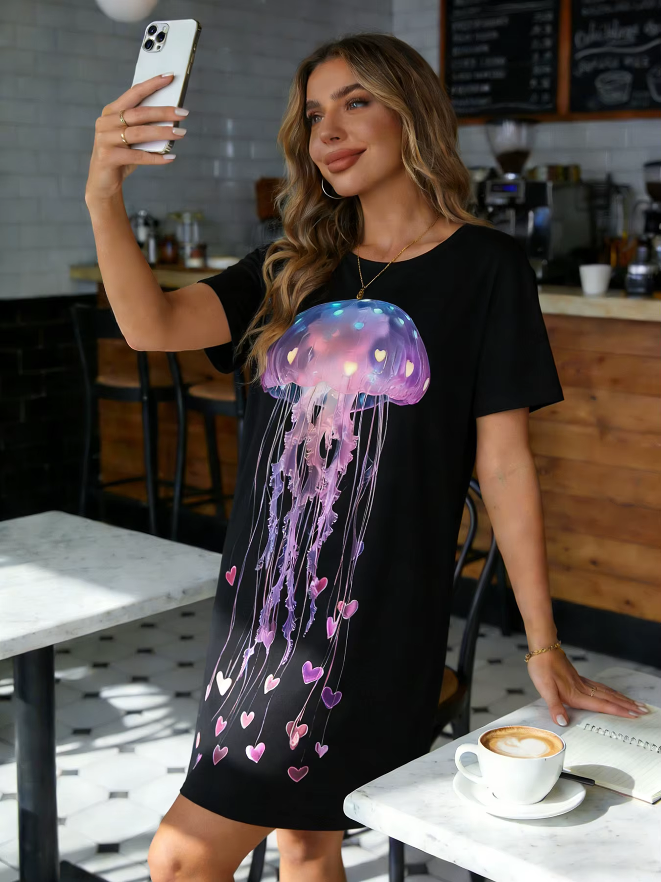 Chemise de nuit pour femmes, col rond, manches courtes, printemps-été, imprimé cœur de méduse néon r