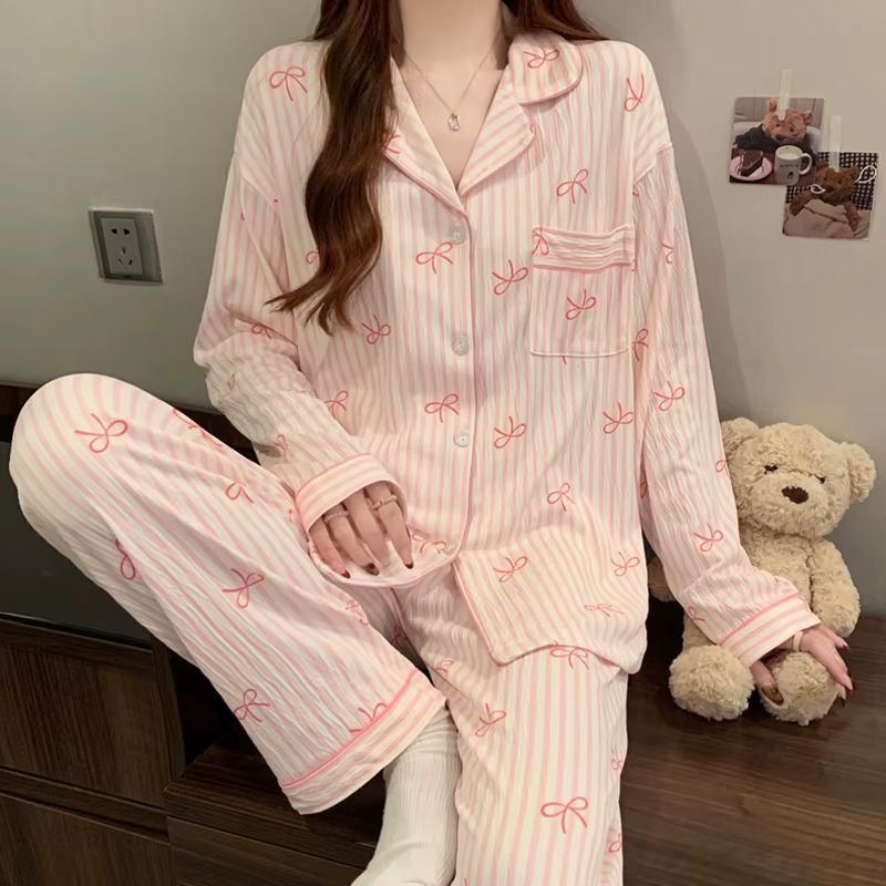 Nouvel ensemble de pyjama décontracté en tissu froissé à manches longues pour étudiantes et femmes, 