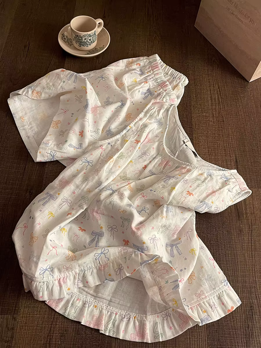 Pyjama coréen sans manches à imprimé nœud coloré pour femmes, grande taille, nouvelle collection d'é