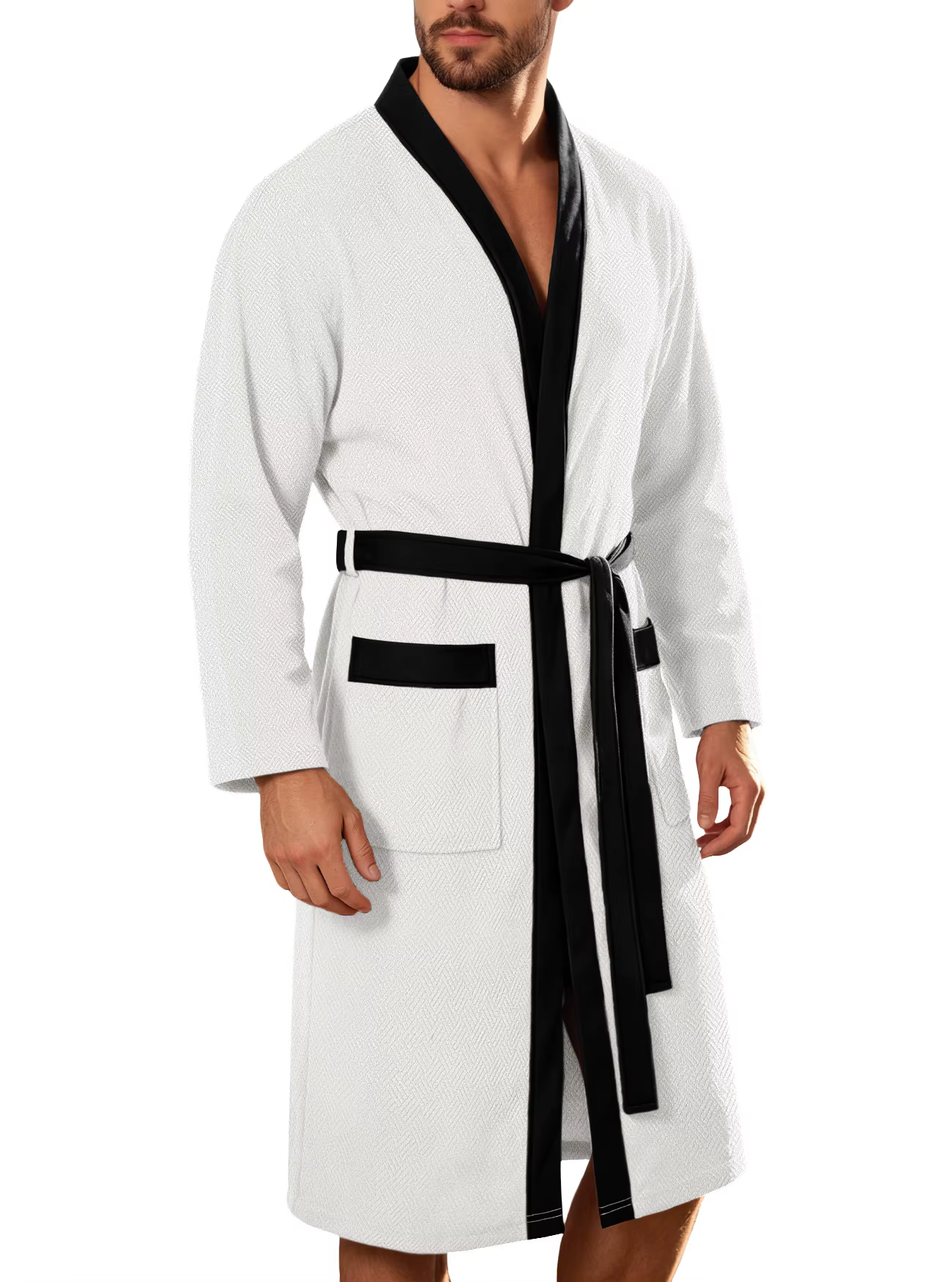 Peignoir long en tissu éponge pour homme, avec ceinture, double poches, décontracté, pour la maison,
