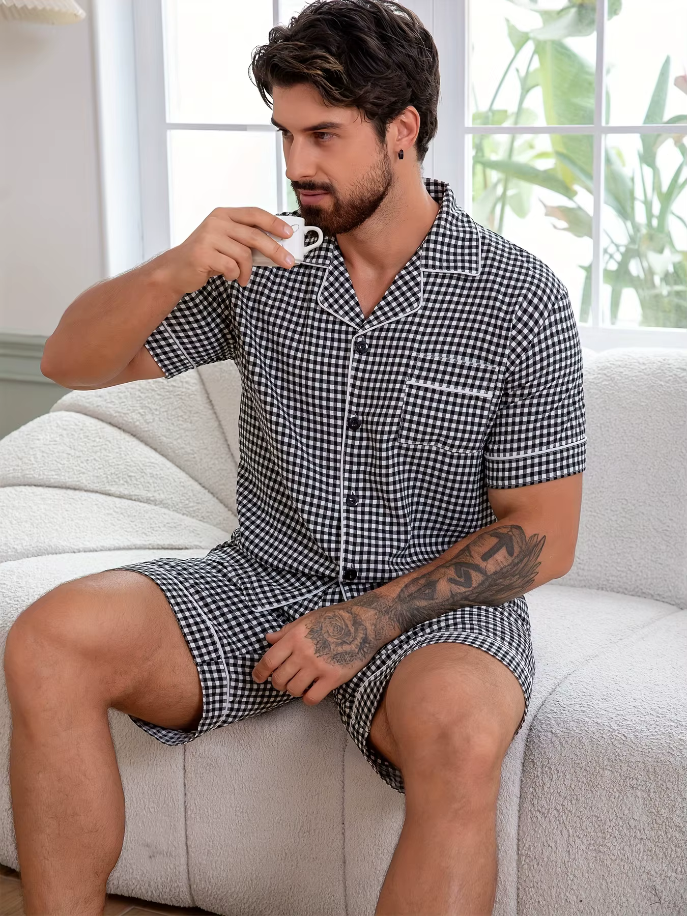Ensemble de pyjama en crêpe à carreaux pour homme, chemise boutonnée et short à taille élastique, en