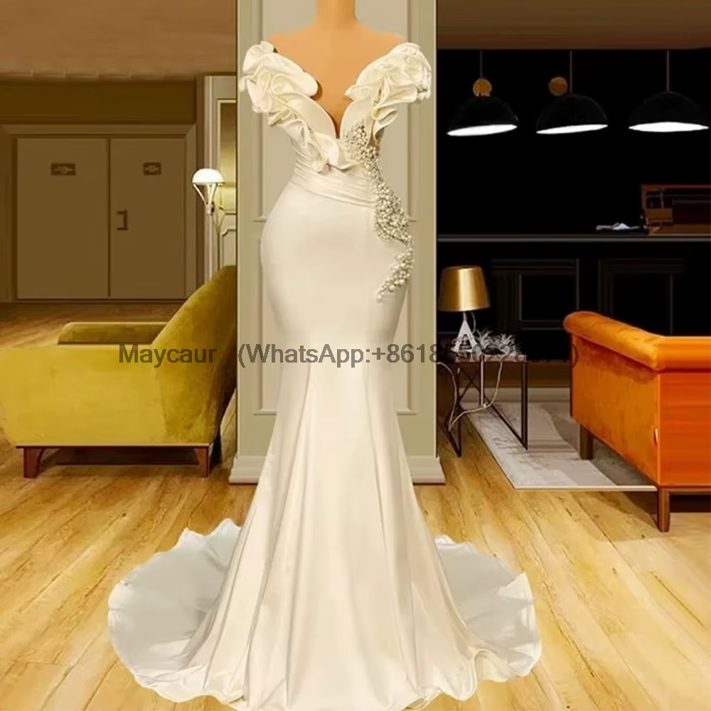 Robe de mariée sirène moderne, épaules dénudées, avec volants, perles et plis, longueur ras du sol, 