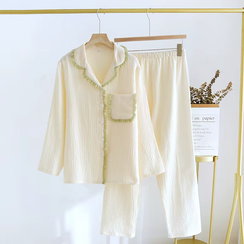 Pyjama d'été 2026 pour femme, ensemble en pur coton avec dentelle, cardigan ample à revers, vêtement
