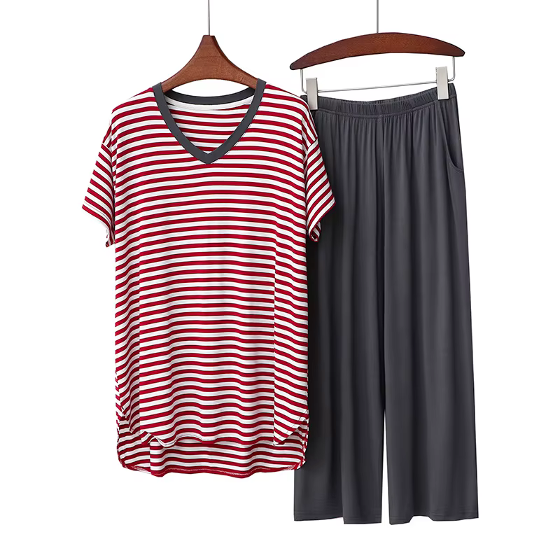 Pyjama Printemps-Été pour Femme, Nouveau Pijama Mujer en Modal à Rayures, Chemise Col V et Pantalon