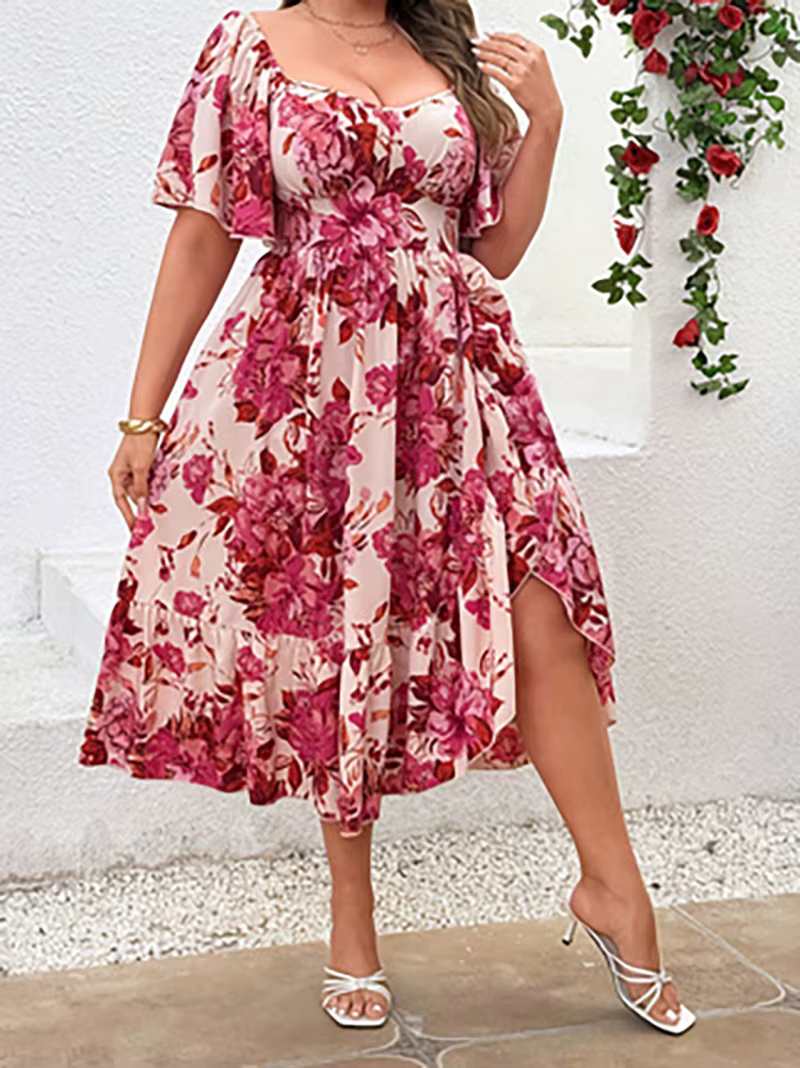 Robe grande taille à encolure en cœur, imprimé Floral, manches à volants, mi-longue féminine élégant