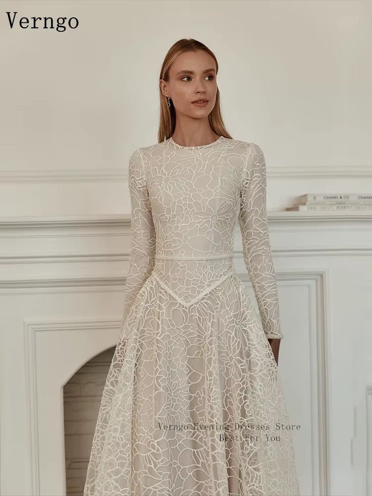 Verngo – robe de soirée en dentelle ivoire, col rond, manches longues, ligne A, pour occasions forme