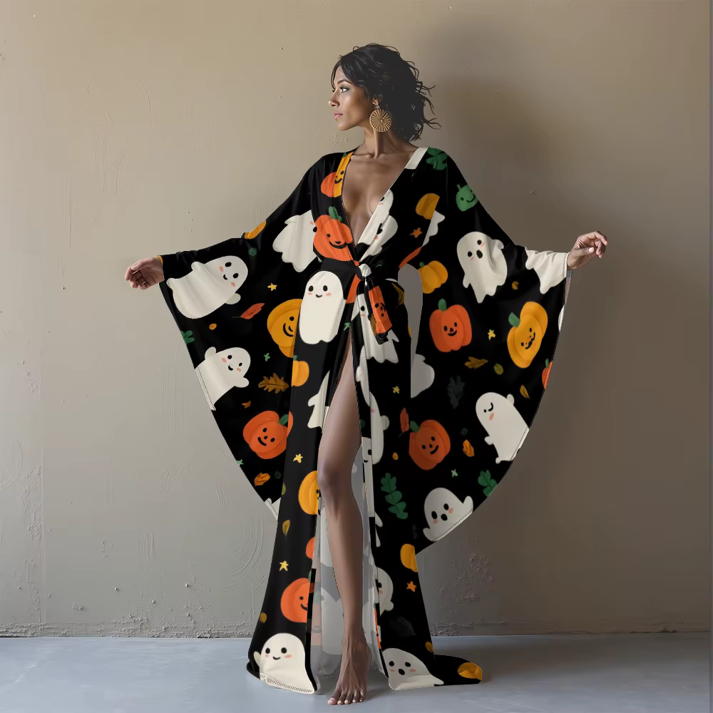 Peignoir Kimono Sexy pour femmes, imprimé citrouille chauve-souris, manches longues, ouvert sur le d