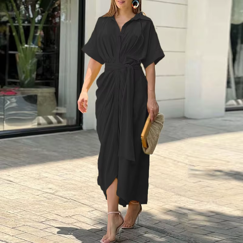 Robes Élégantes pour Femme 2026 – Robe Imprimée Irrégulière à Col Revers et Lacets, Coupe Slim Contr