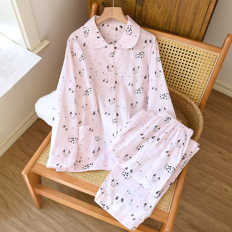 2025 femmes printemps nouveau pyjama ensemble 100% coton crêpe col doux à manches longues deux pièce