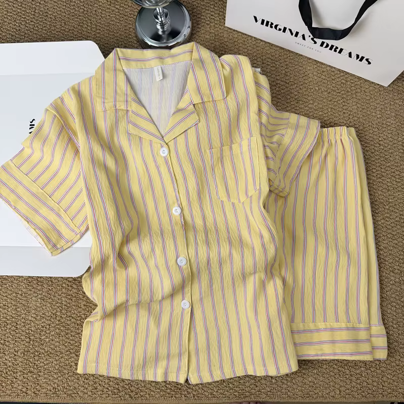 Pyjama rayé color-block simple de style coréen pour femme, nouveau ensemble deux pièces d'été ample