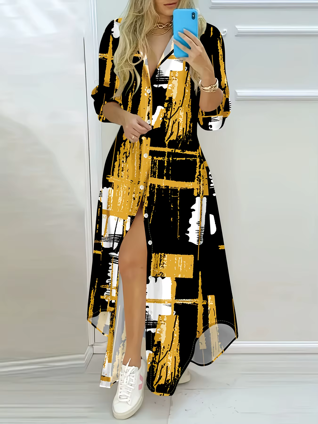 Robe midi décontractée à manches longues pour femme, imprimé géométrique abstrait noir, or, blanc, r