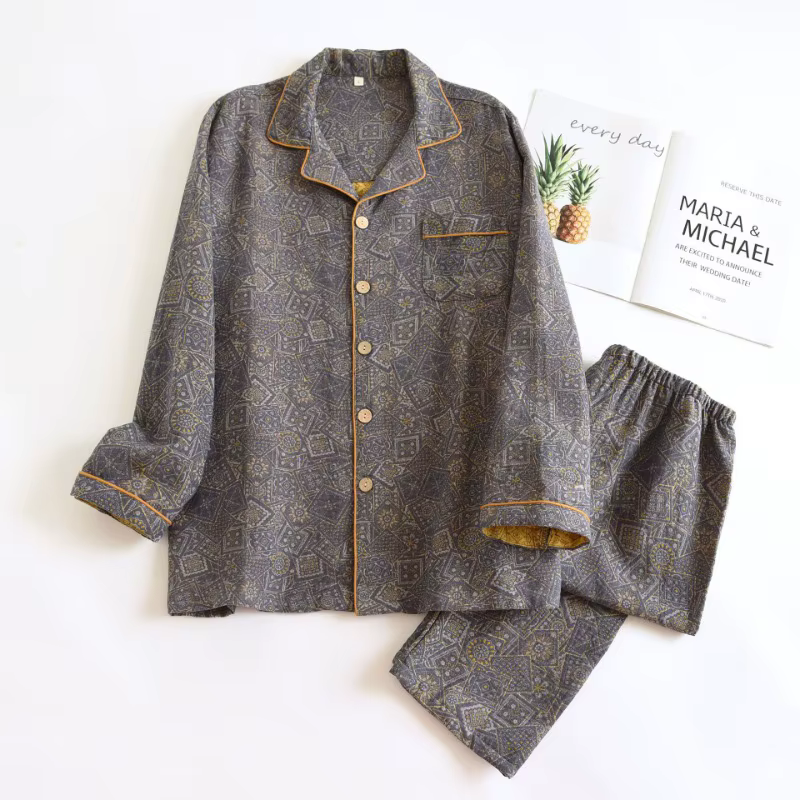 Pyjama Jacquard à Manches sulfpour Homme, Pantalon Long, Gris, Grande Taille, Vêtements de Maison, T